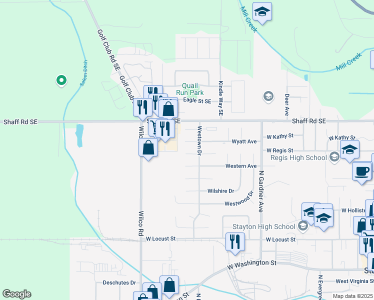 map of restaurants, bars, coffee shops, grocery stores, and more near 1537 Westfield Place in Stayton