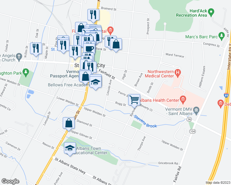 map of restaurants, bars, coffee shops, grocery stores, and more near 44 Ferris Street in Saint Albans City