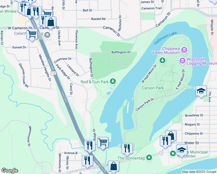 map of restaurants, bars, coffee shops, grocery stores, and more near 712 Slawson Court in Eau Claire