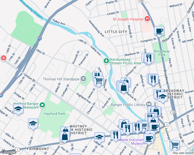 map of restaurants, bars, coffee shops, grocery stores, and more near 243 Ohio Street in Bangor