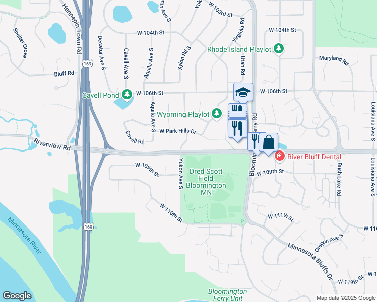 map of restaurants, bars, coffee shops, grocery stores, and more near 8050 County Road 1 in Bloomington