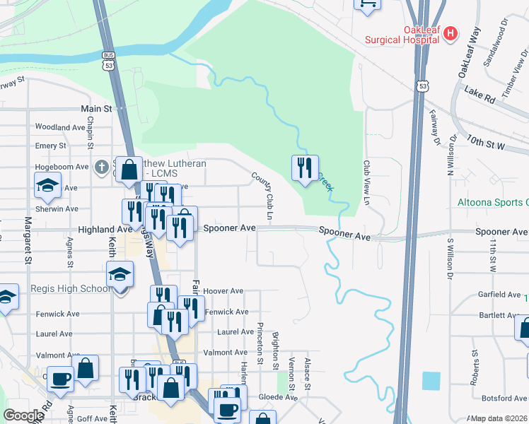 map of restaurants, bars, coffee shops, grocery stores, and more near 120 Country Club Lane in Altoona