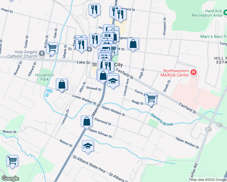 map of restaurants, bars, coffee shops, grocery stores, and more near 71 South Main Street in Saint Albans City