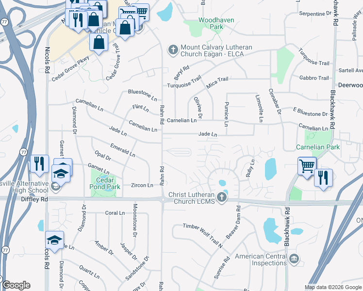 map of restaurants, bars, coffee shops, grocery stores, and more near 4110 Rahn Road in Eagan