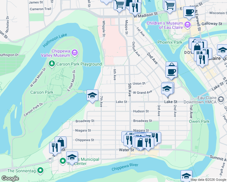 map of restaurants, bars, coffee shops, grocery stores, and more near 604 West Grand Avenue in Eau Claire