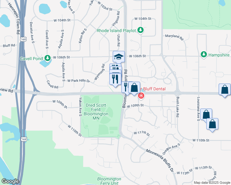 map of restaurants, bars, coffee shops, grocery stores, and more near 7700 West Old Shakopee Road in Bloomington