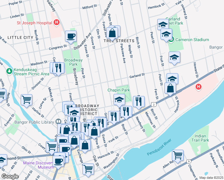 map of restaurants, bars, coffee shops, grocery stores, and more near 43 Elm Street in Bangor