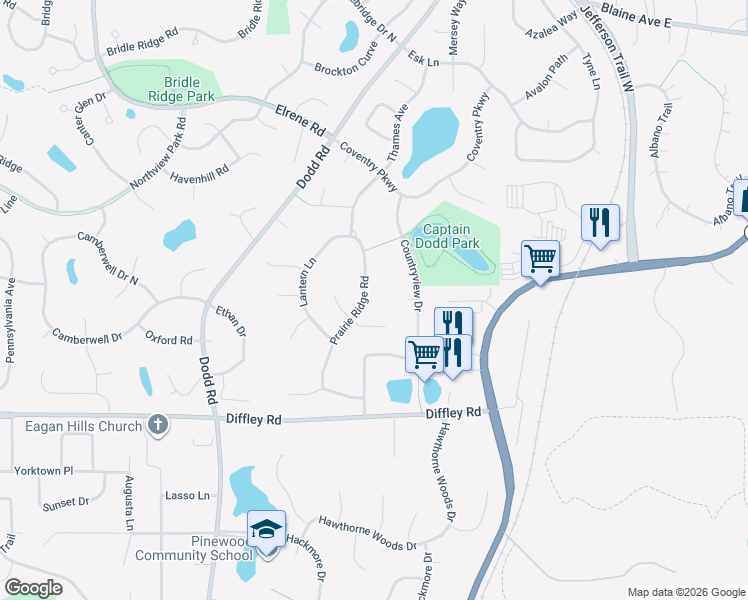 map of restaurants, bars, coffee shops, grocery stores, and more near 564 Country Court in Eagan