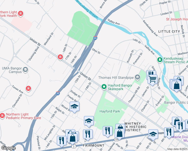 map of restaurants, bars, coffee shops, grocery stores, and more near 79 14th Street in Bangor