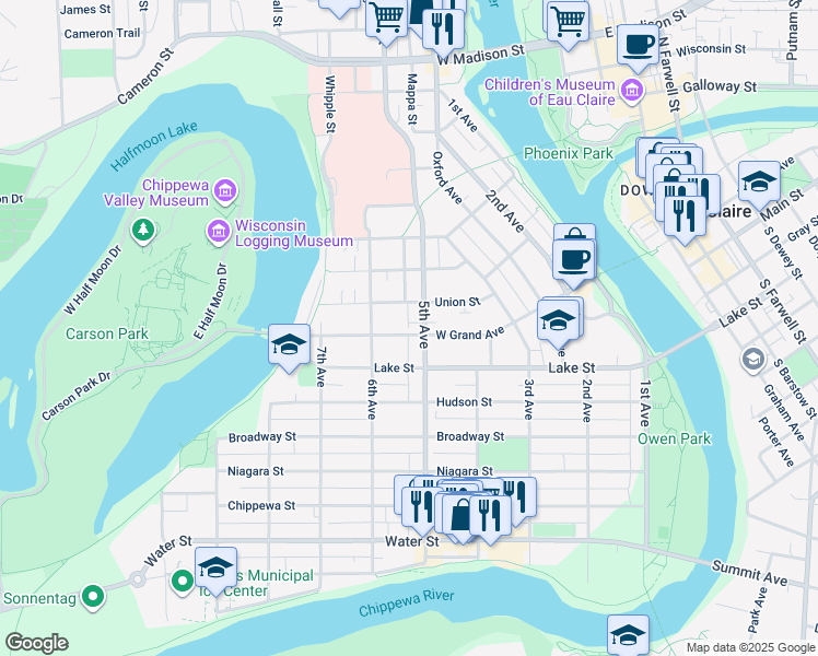 map of restaurants, bars, coffee shops, grocery stores, and more near 508 West Grand Avenue in Eau Claire