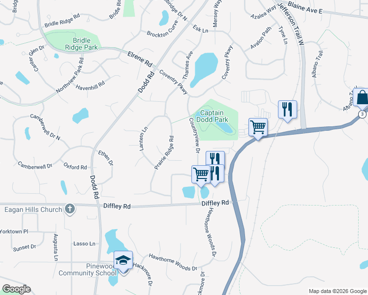 map of restaurants, bars, coffee shops, grocery stores, and more near 564 Country Court in Eagan