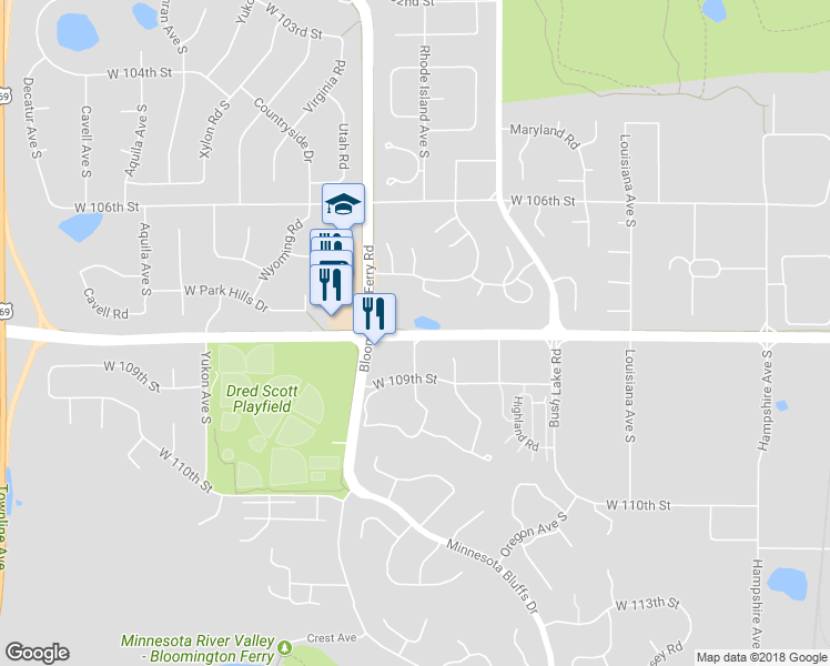 map of restaurants, bars, coffee shops, grocery stores, and more near 7498 West Old Shakopee Road in Bloomington