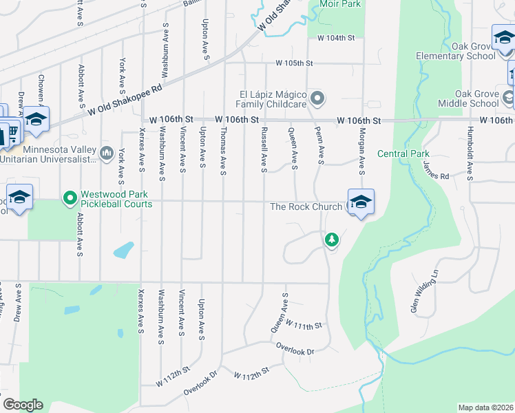 map of restaurants, bars, coffee shops, grocery stores, and more near 10800 Russell Avenue South in Minneapolis