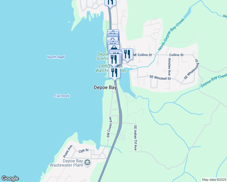 map of restaurants, bars, coffee shops, grocery stores, and more near 25 Evans Street in Depoe Bay