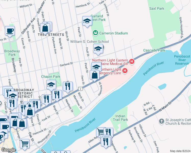 map of restaurants, bars, coffee shops, grocery stores, and more near 8 Otis Street in Bangor