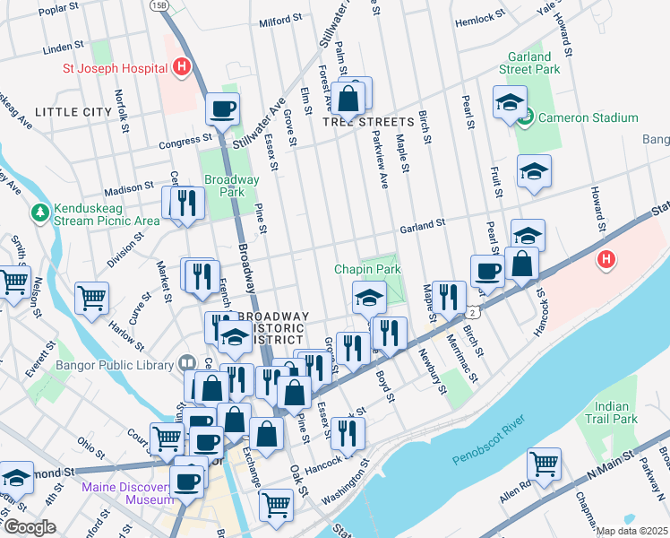map of restaurants, bars, coffee shops, grocery stores, and more near 43 Elm Street in Bangor
