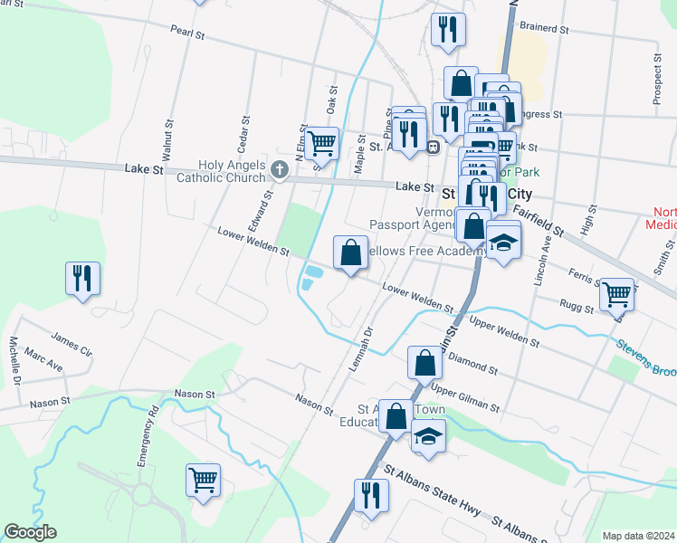 map of restaurants, bars, coffee shops, grocery stores, and more near 64 Lower Welden Street in Saint Albans City