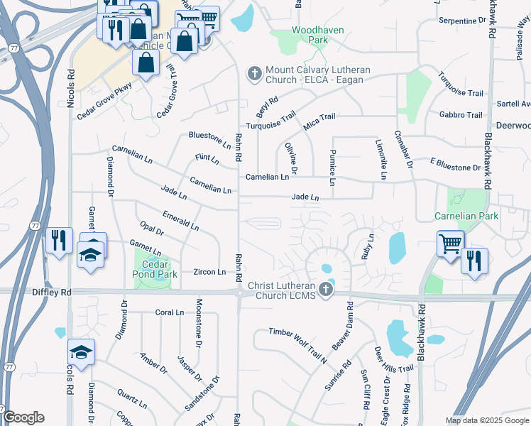 map of restaurants, bars, coffee shops, grocery stores, and more near 4110 Rahn Road in Eagan