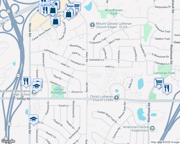 map of restaurants, bars, coffee shops, grocery stores, and more near 4110 Rahn Road in Eagan