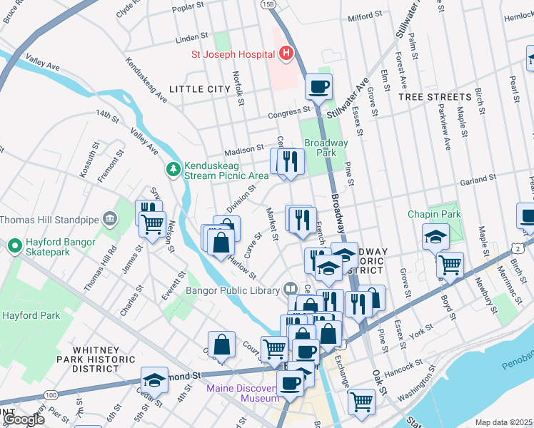 map of restaurants, bars, coffee shops, grocery stores, and more near 52 Market Street in Bangor