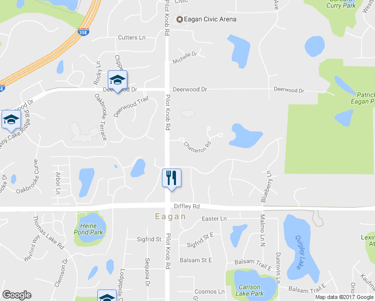 map of restaurants, bars, coffee shops, grocery stores, and more near 1384 Chatterton Road in Eagan