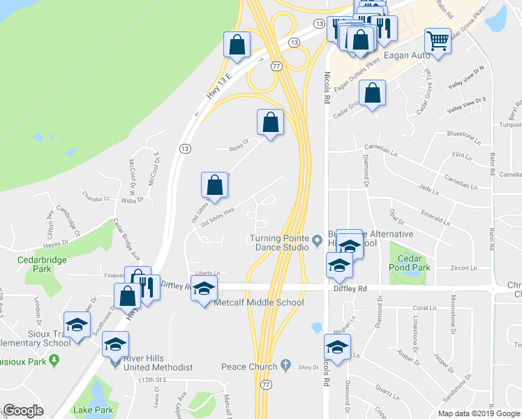 map of restaurants, bars, coffee shops, grocery stores, and more near 2180 Cool Stream Circle in Eagan