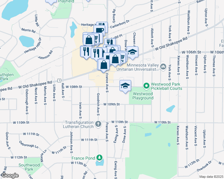 map of restaurants, bars, coffee shops, grocery stores, and more near 10801 France Avenue South in Bloomington