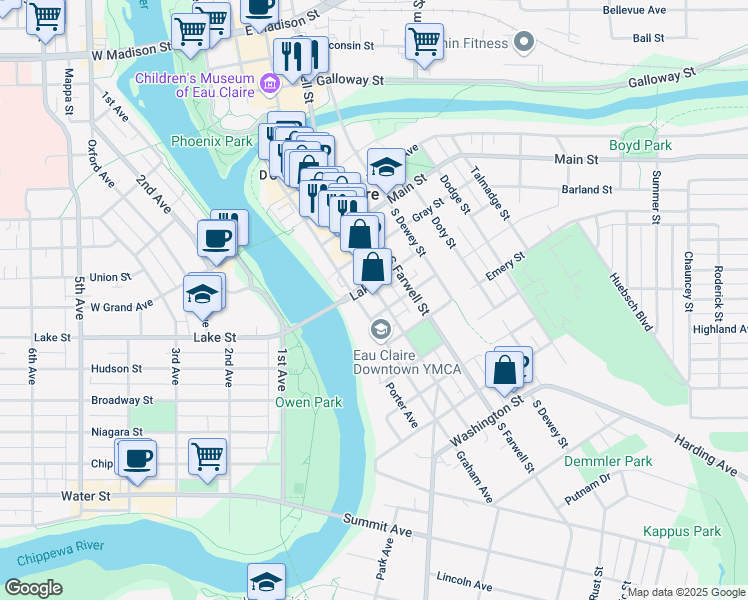 map of restaurants, bars, coffee shops, grocery stores, and more near 610 South Barstow Street in Eau Claire