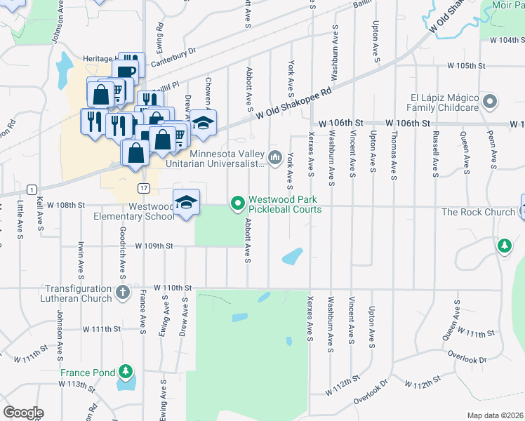 map of restaurants, bars, coffee shops, grocery stores, and more near 10802 Zenith Avenue South in Minneapolis