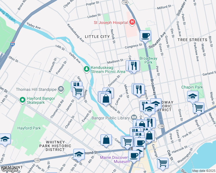 map of restaurants, bars, coffee shops, grocery stores, and more near 16 Division Street in Bangor