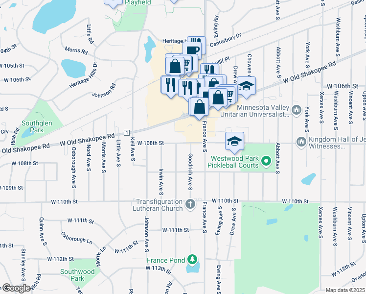map of restaurants, bars, coffee shops, grocery stores, and more near 4019 West 108th Street in Minneapolis