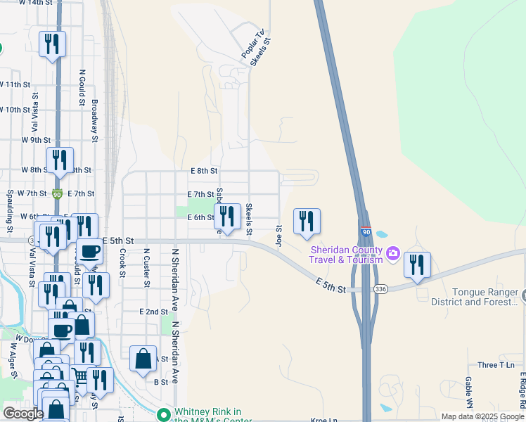 map of restaurants, bars, coffee shops, grocery stores, and more near 763 E 6th St in Sheridan