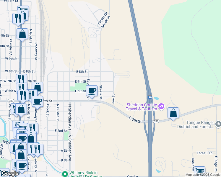 map of restaurants, bars, coffee shops, grocery stores, and more near 763 E 6th St in Sheridan