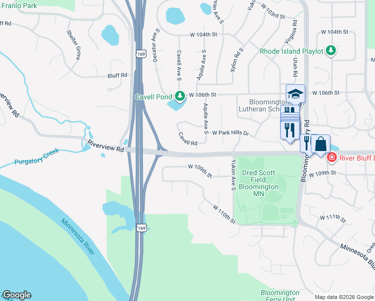 map of restaurants, bars, coffee shops, grocery stores, and more near 10744 Cavell Road in Minneapolis