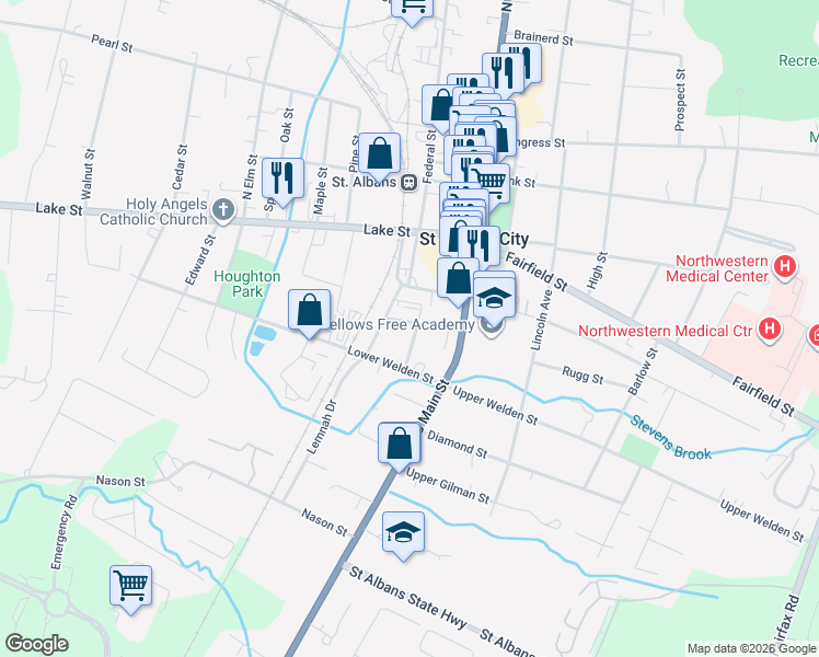 map of restaurants, bars, coffee shops, grocery stores, and more near 4 Sawyer Street in Saint Albans City