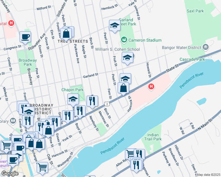 map of restaurants, bars, coffee shops, grocery stores, and more near 70 Pearl Street in Bangor
