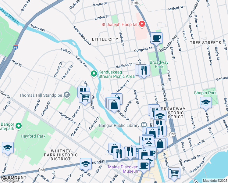 map of restaurants, bars, coffee shops, grocery stores, and more near 46 Kenduskeag Avenue in Bangor