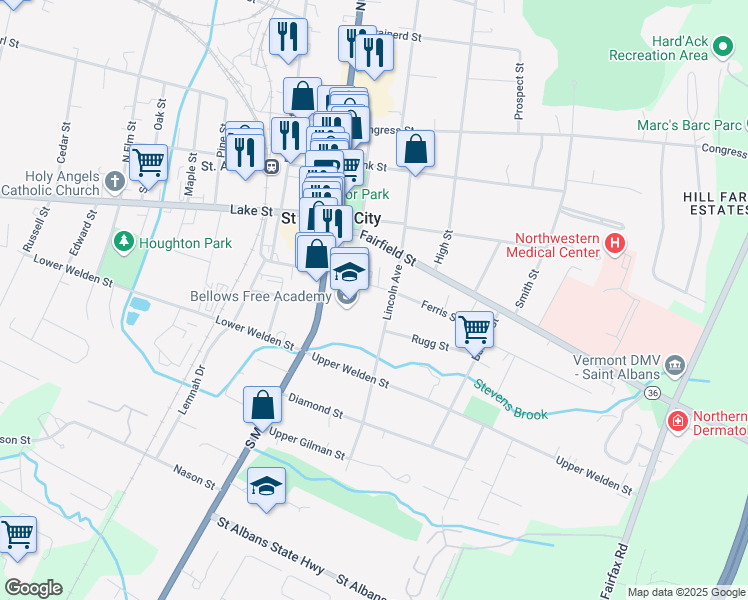 map of restaurants, bars, coffee shops, grocery stores, and more near 72 Lincoln Avenue in Saint Albans City