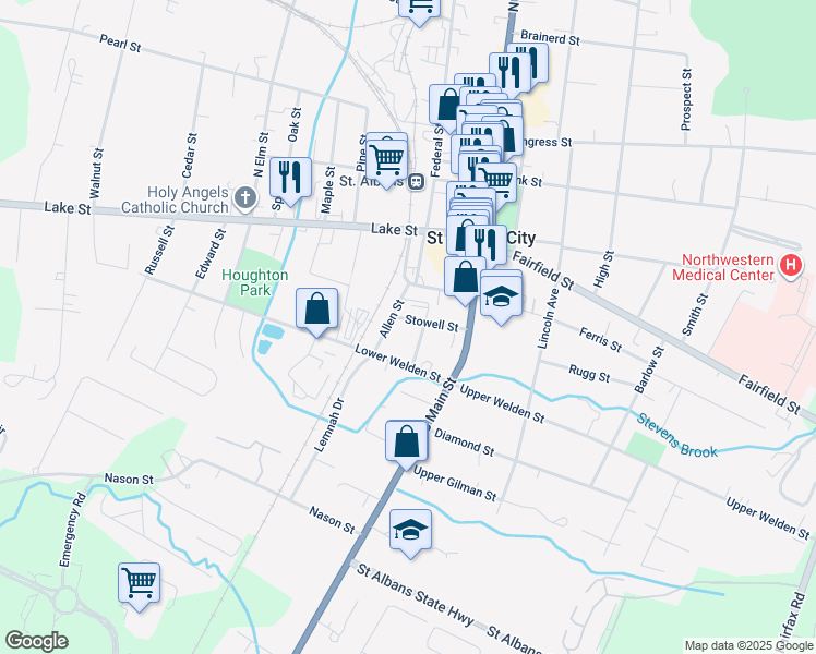 map of restaurants, bars, coffee shops, grocery stores, and more near 4 Sawyer Street in Saint Albans City