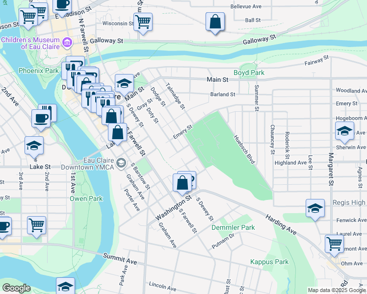 map of restaurants, bars, coffee shops, grocery stores, and more near 906 Dodge Street in Eau Claire