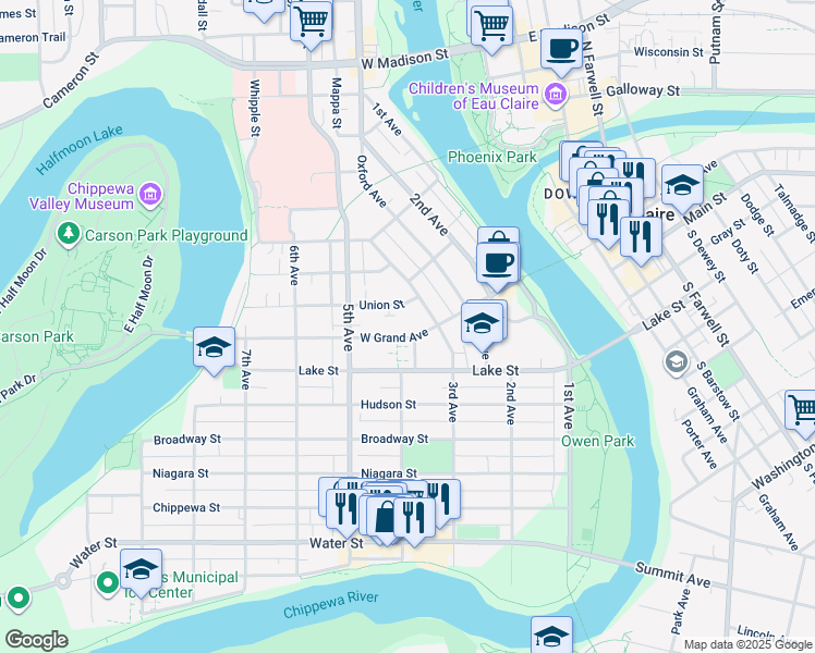 map of restaurants, bars, coffee shops, grocery stores, and more near 426 West Grand Avenue in Eau Claire