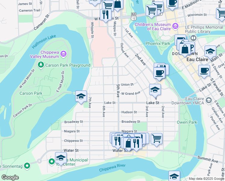 map of restaurants, bars, coffee shops, grocery stores, and more near 508 West Grand Avenue in Eau Claire