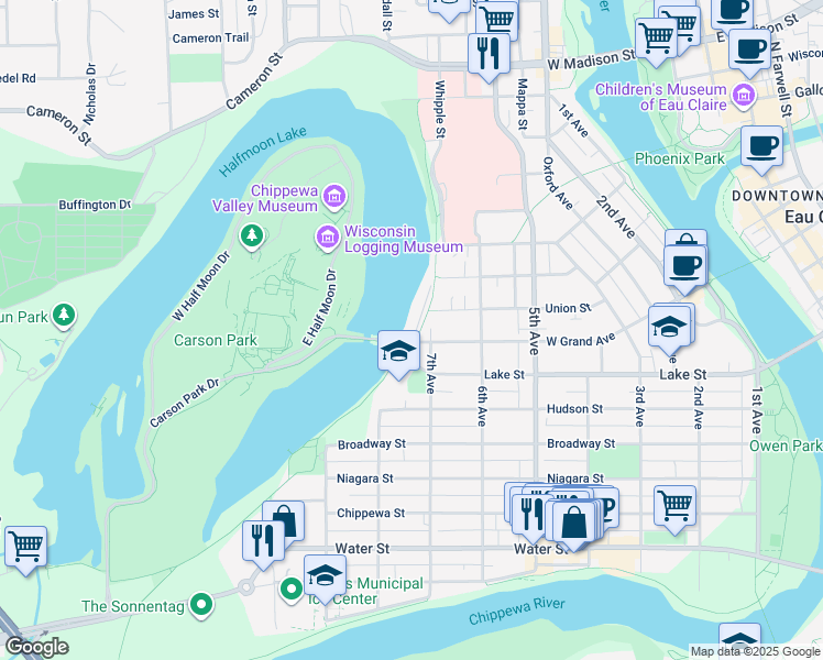 map of restaurants, bars, coffee shops, grocery stores, and more near 716 West Grand Avenue in Eau Claire
