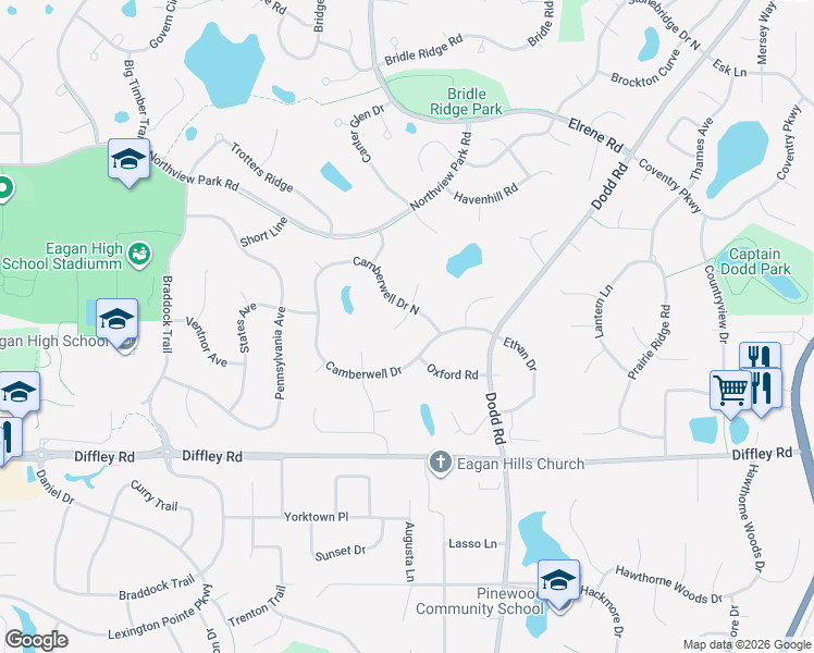 map of restaurants, bars, coffee shops, grocery stores, and more near 719 Camberwell Drive in Eagan