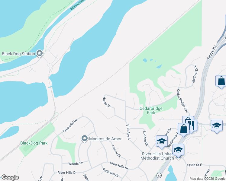 map of restaurants, bars, coffee shops, grocery stores, and more near 10704 Prescott Court in Burnsville