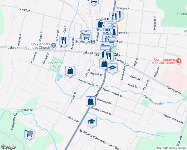 map of restaurants, bars, coffee shops, grocery stores, and more near 20 Stowell Street in Saint Albans City
