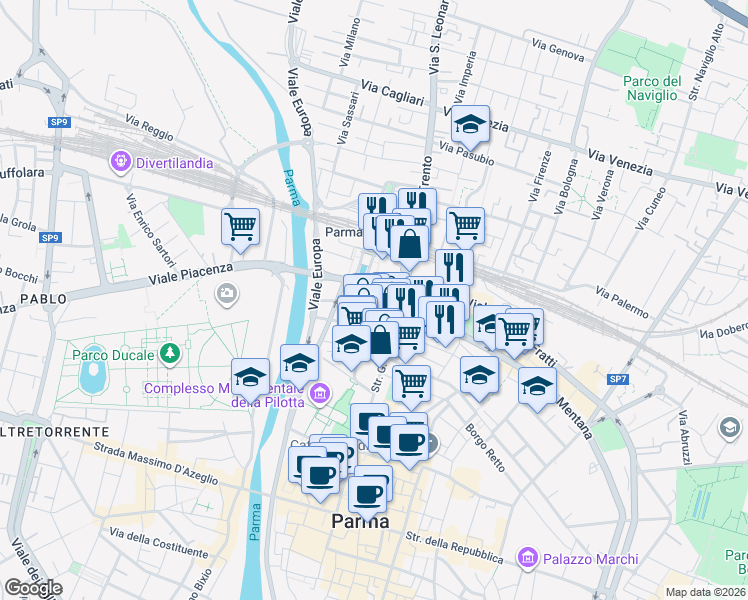 map of restaurants, bars, coffee shops, grocery stores, and more near 7A Via Albertelli Guido e Pilo in Parma