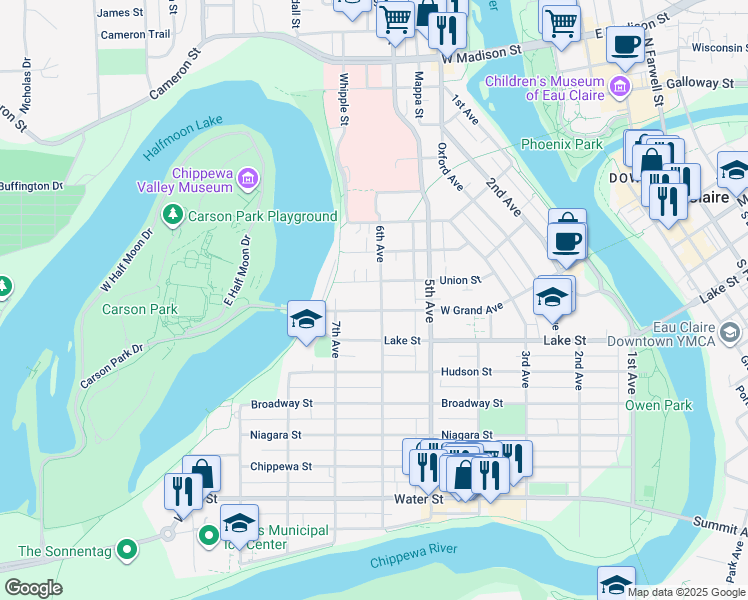 map of restaurants, bars, coffee shops, grocery stores, and more near 604 West Grand Avenue in Eau Claire