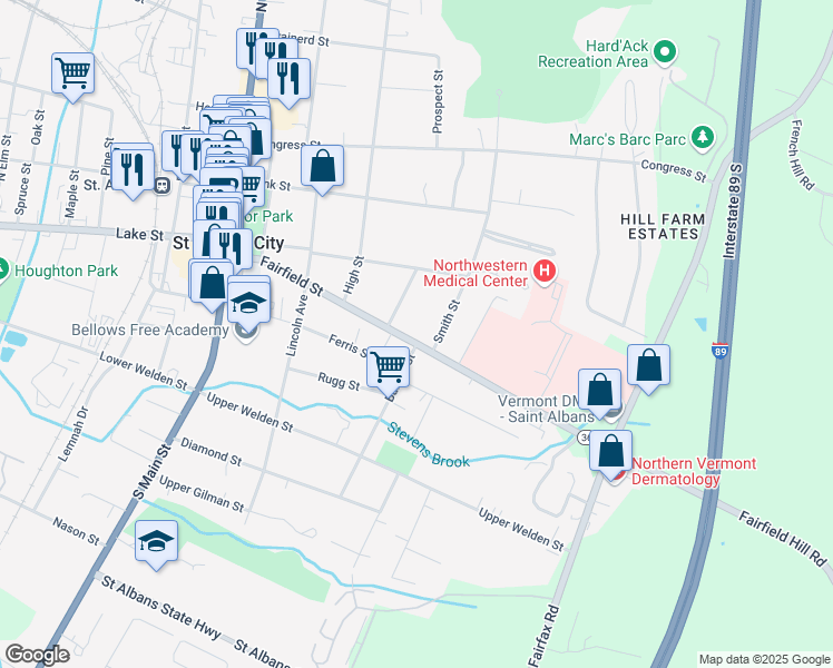 map of restaurants, bars, coffee shops, grocery stores, and more near 101 Fairfield Street in Saint Albans City