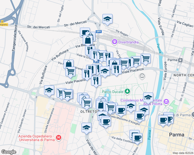 map of restaurants, bars, coffee shops, grocery stores, and more near Via Giacomo Trombara in Parma